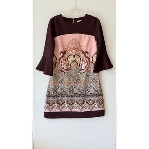 New York Company Maroon Pink Shift Dress Small Bell Sleeve Retro Go-Go City Chic